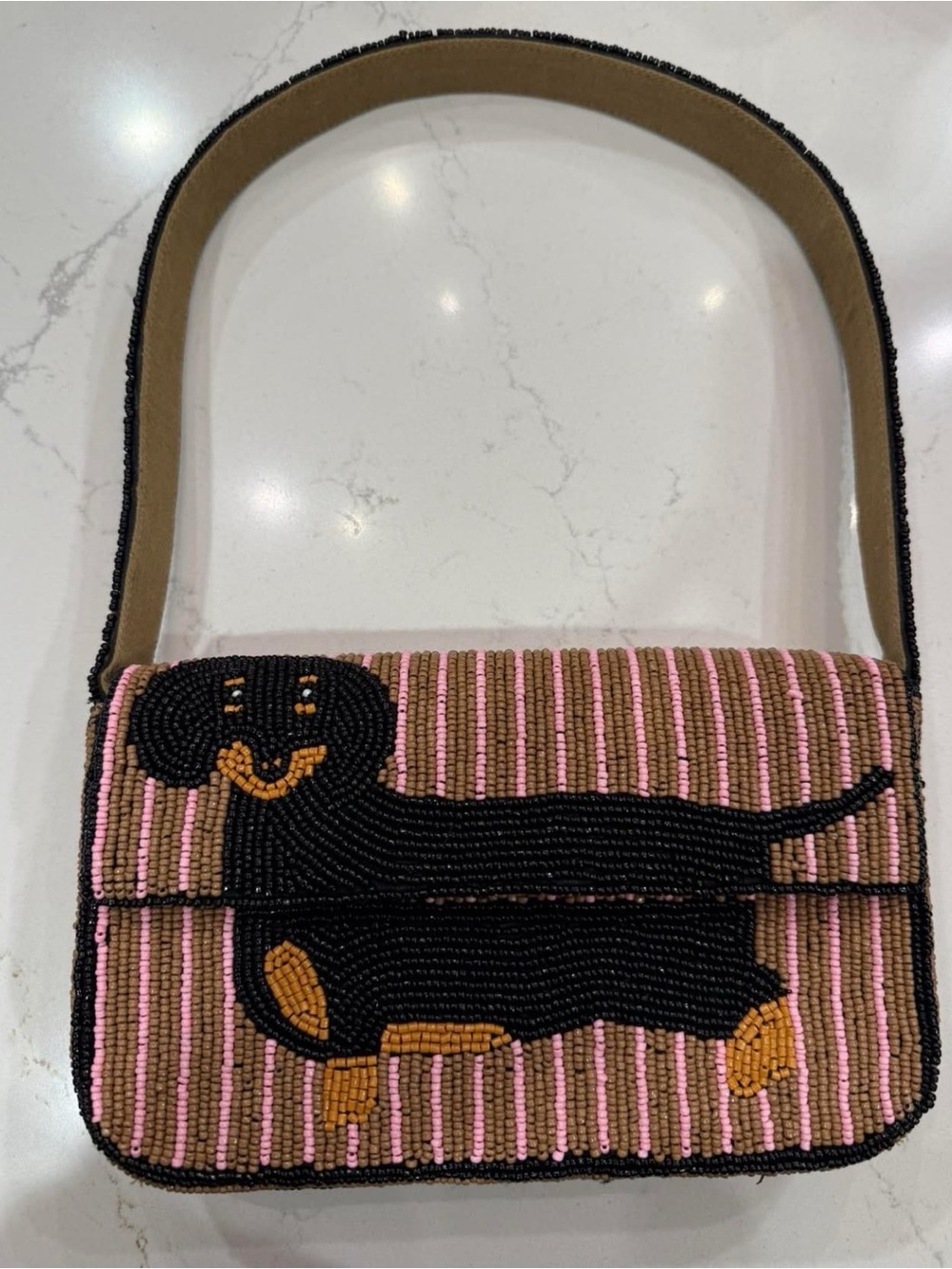 Beaded Dachshund Dog Shoulder Bag in Pink and Black - Designer Style - Picture 1 of 4